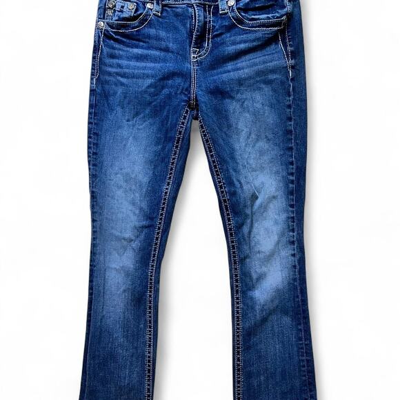 Miss Me Chloe Slim Boot Jeans Womens 27 Blue Embellished Pocket 32” Inseam - Picture 3 of 8